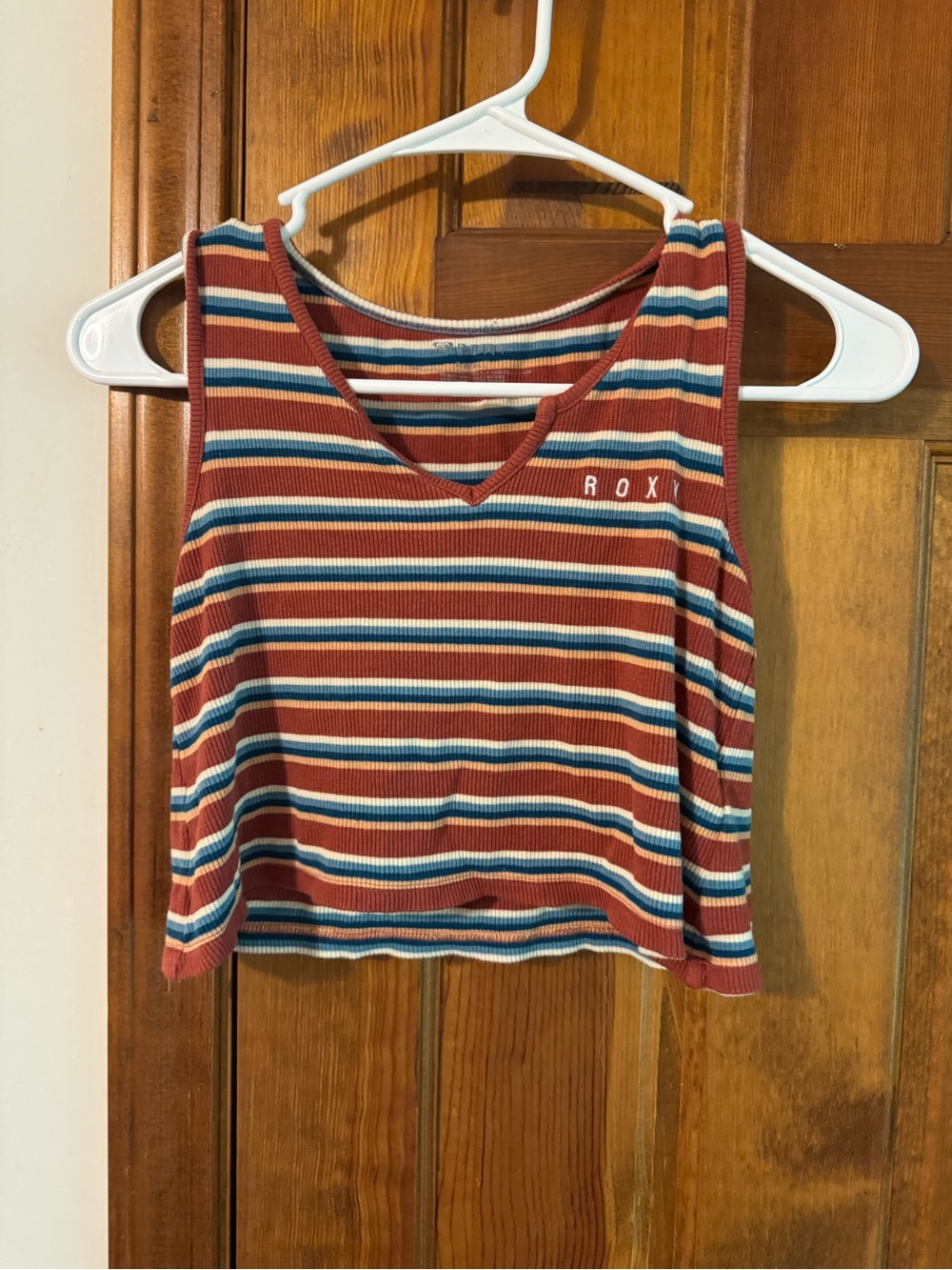 Roxy Striped Ribbed V-Neck Crop Tank - Rust, Blue, White
